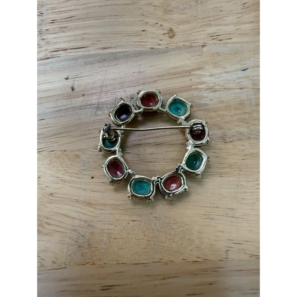 Vintage Gold-Tone Brooch With Multicolored Scarab Gemstones & Egyptian Revival - Picture 5 of 8